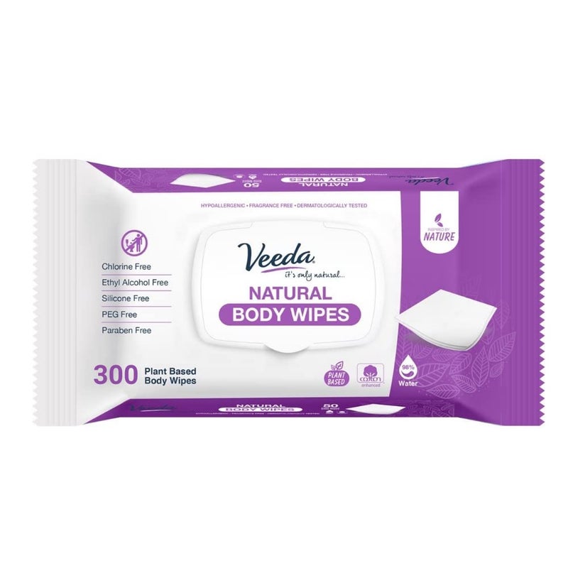 Veeda Natural Cotton Body Wipes for Adults 300 Count Hypoallergenic pH Balanced Wet Wipes Unscented Personal Cleansing Wipes Safe for Sensitive Skin Plant based Soft Wipes